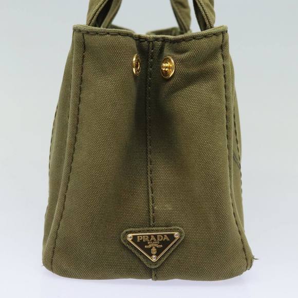 PRADA Canapa PM Hand Bag Canvas 2way Khaki Gold Auth 84641 - Picture 3 of 16